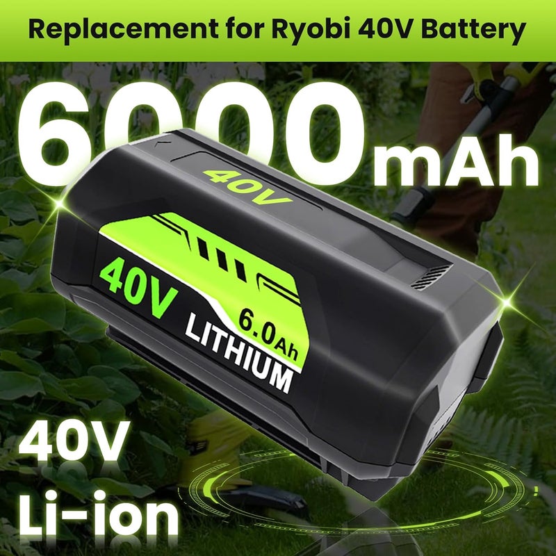 Topbatt 2-Pack 6000mAh OP4060A Replacement for Ryobi 40V Battery and Charger Compatible with Ryobi Battery Lithium Ion 40V OP40601 OP40602 OP4030 OP4040 OP4050A OP40261 Cordless Tools - Image 2